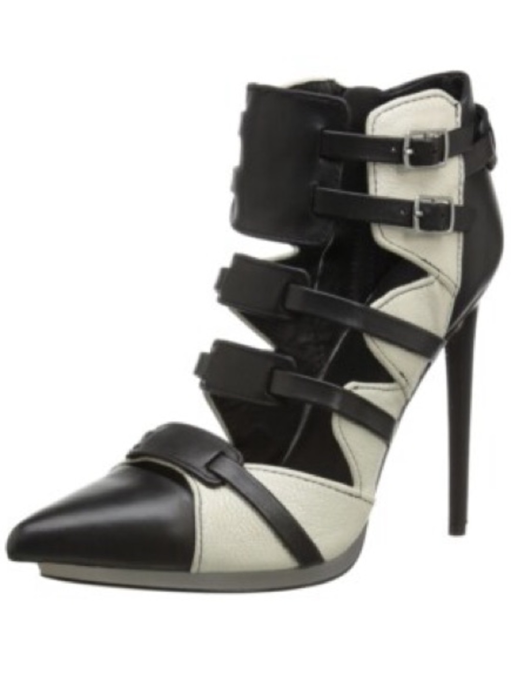 L.A.M.B. Kane Black and Cream Strappy Pointed Stiletto Bootie